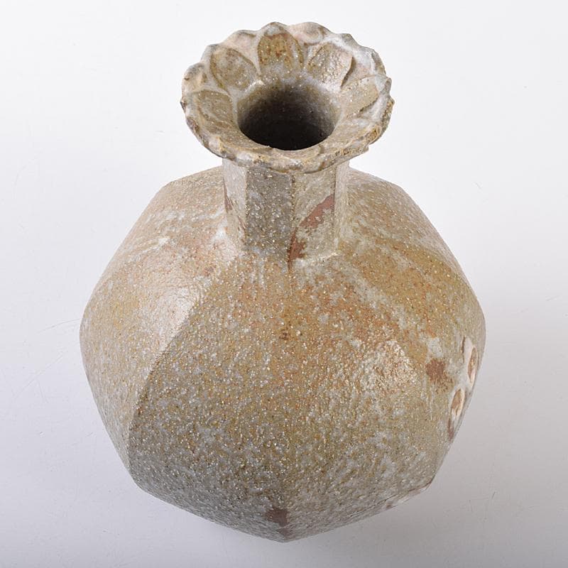 萬古焼　山本広巳作　輪花口　八角花入　共布共箱　V　R7981