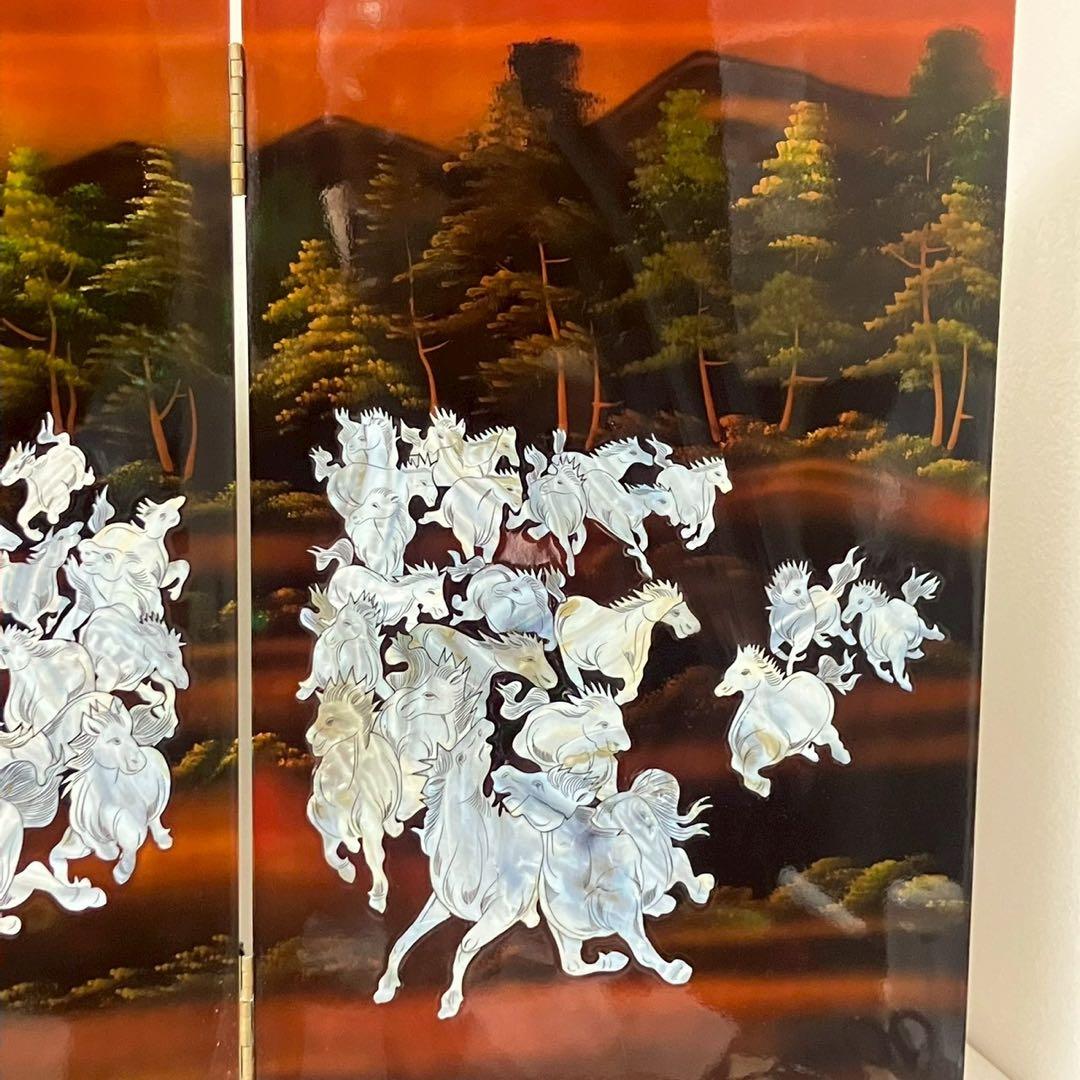 螺鈿細工 パテーション 衝立 「馬倒成功」 4連衝立 漆塗り 百頭馬柄 枕屏風