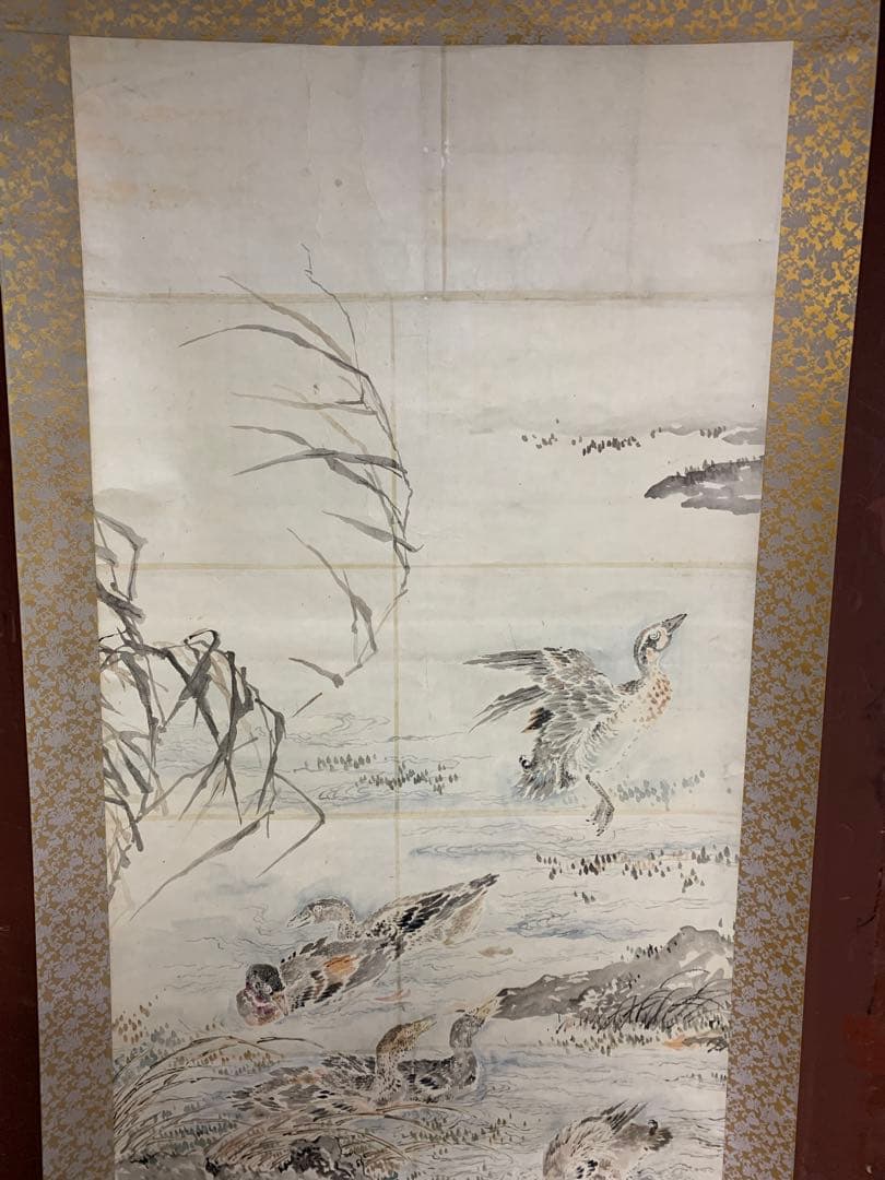 『9087』大幅 群水鳥図 無落款 掛軸