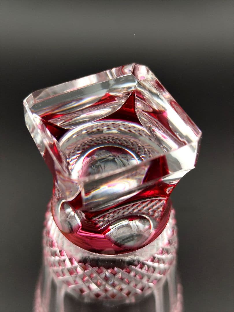 超希少品☆薩摩切子 紅被硝子 面取鹿の子文 高杯（切子、江戸切子、薩摩切子）