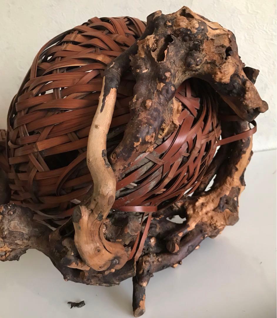 骨董品　竹製天然木　二重構造花入れ　オブジェ　華道