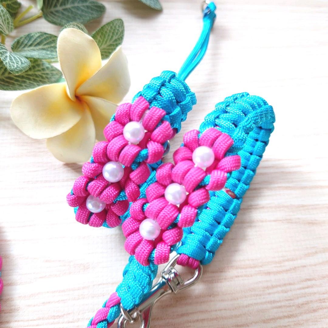 パラコードリード＆首輪　カフェリード　ハーフチョーク　ピンクお花　№082