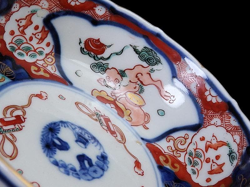 古伊万里　色絵　獅子に波千鳥の図　膾皿　春寒鉢　４客　 CZd