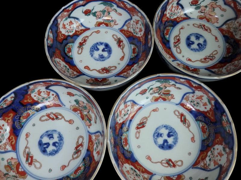 古伊万里　色絵　獅子に波千鳥の図　膾皿　春寒鉢　４客　 CZd