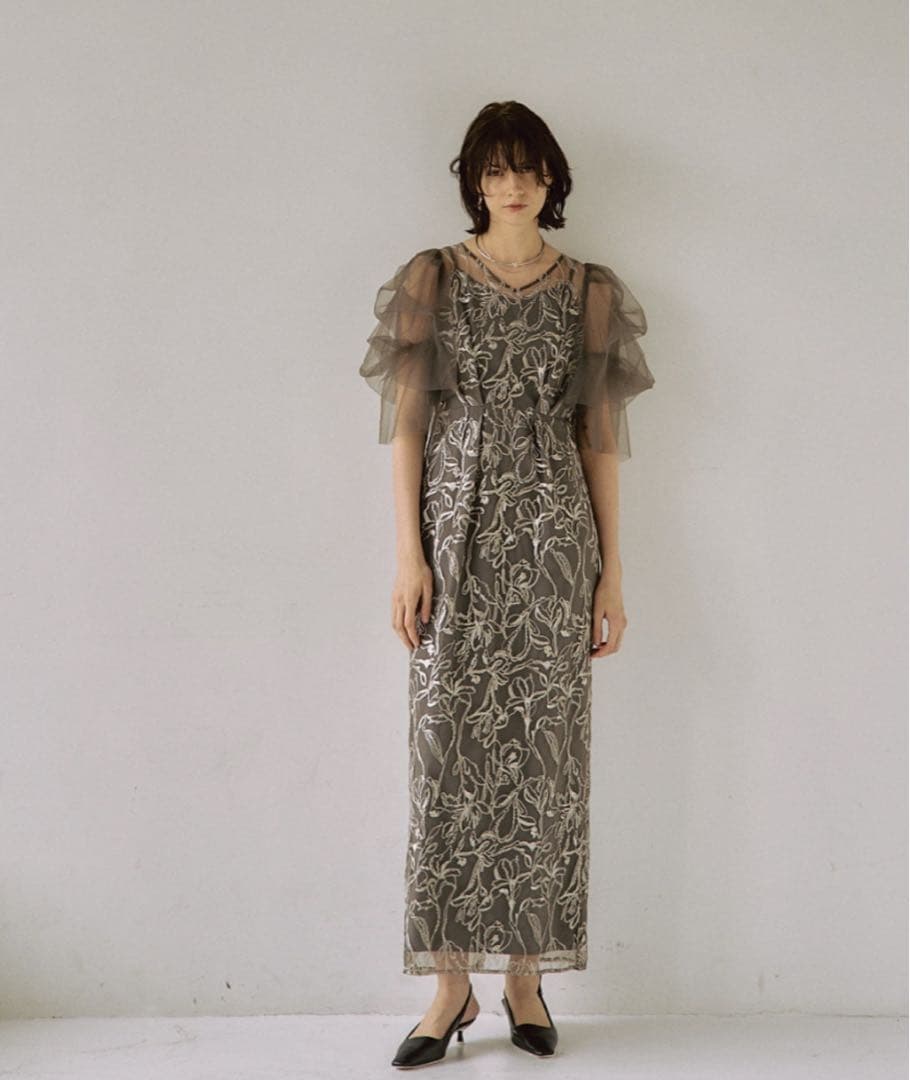 Dorry Doll フラッフィースリーブペンシルドレス チャコールグレー