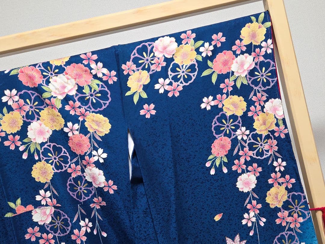 AI 美品 振袖フルセット 雪輪に桜 青 金駒刺繍 金彩 正絹 帯・襦袢・小物