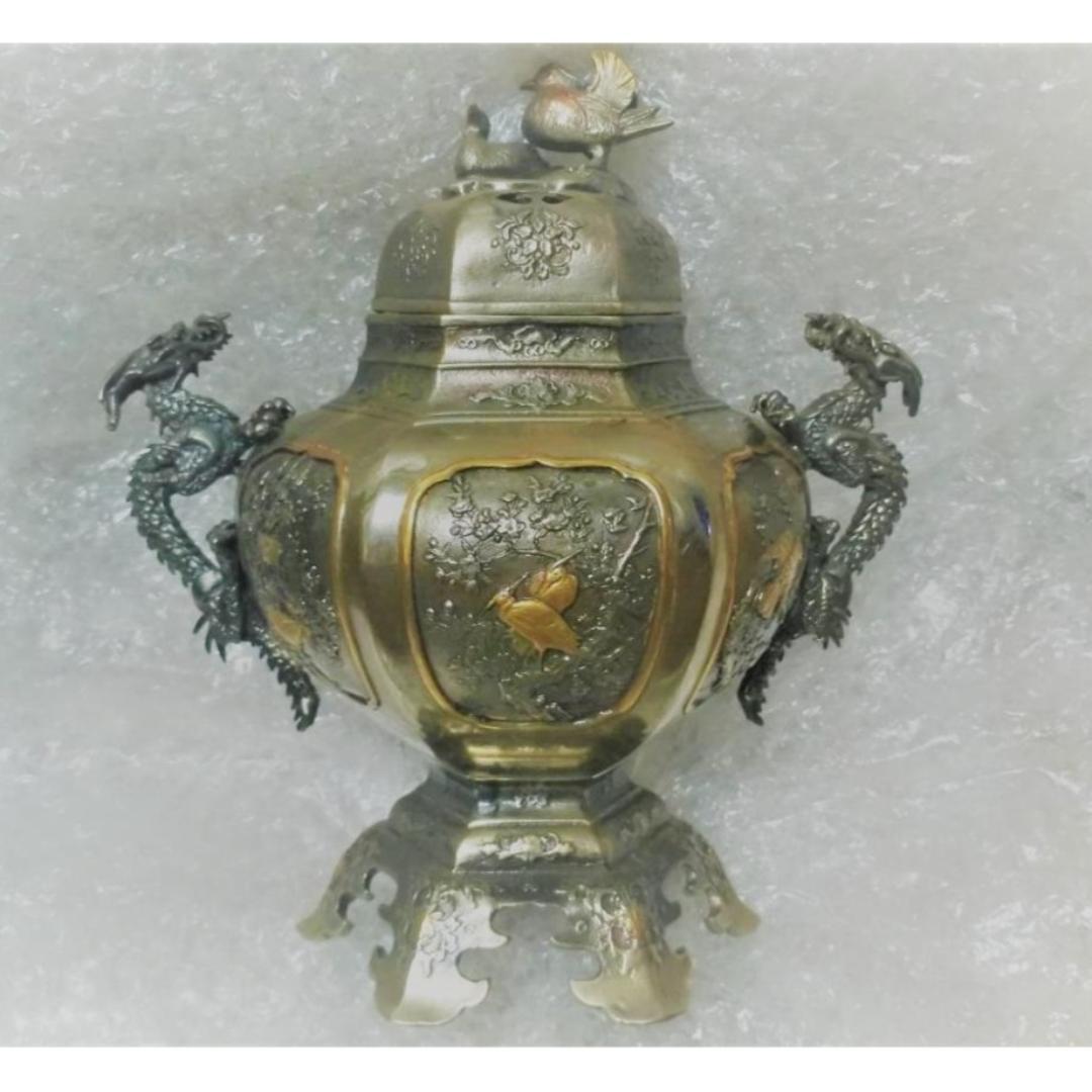 新品 香炉 一乗 銘 桐箱付き 銅錫製? 双竜 龍 伝統金属工芸品 風水 レア