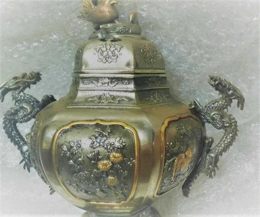新品 香炉 一乗 銘 桐箱付き 銅錫製? 双竜 龍 伝統金属工芸品 風水 レア