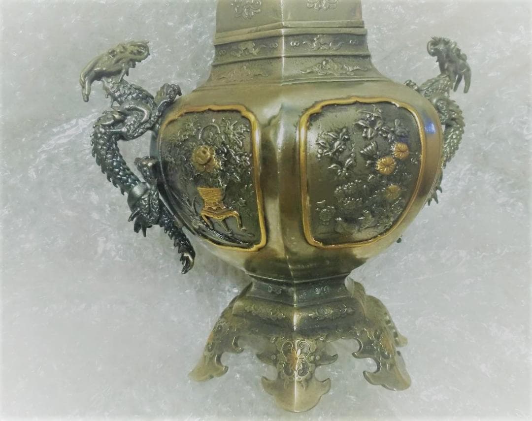 新品 香炉 一乗 銘 桐箱付き 銅錫製? 双竜 龍 伝統金属工芸品 風水 レア