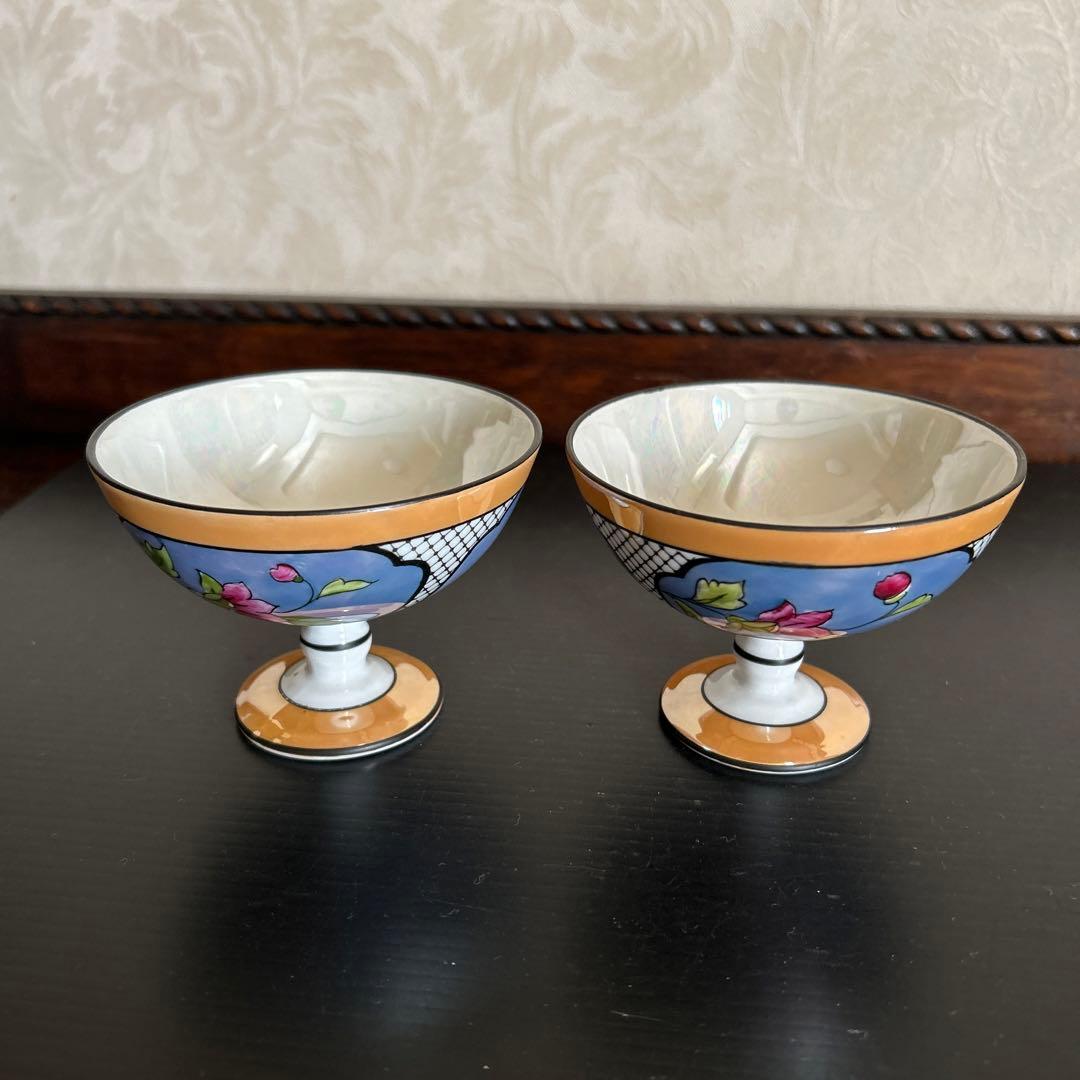 オールドノリタケ　ラスター彩 バード&フラワー図　カップ2客