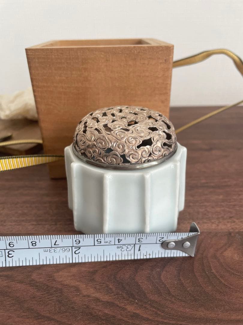 陶器香炉 銀製の蓋付き　刻印あり　古美術　骨董