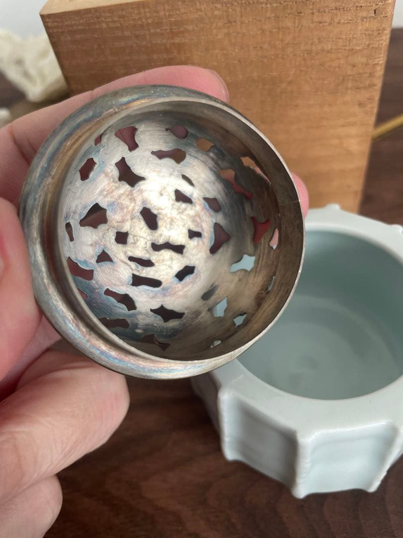 陶器香炉 銀製の蓋付き　刻印あり　古美術　骨董