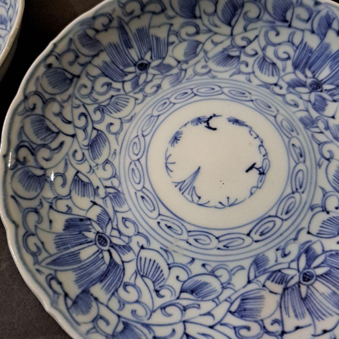 江戸中期　乾隆年　古伊万里　線画華唐草図　五寸皿　向付　膳皿　輪花　五客セット