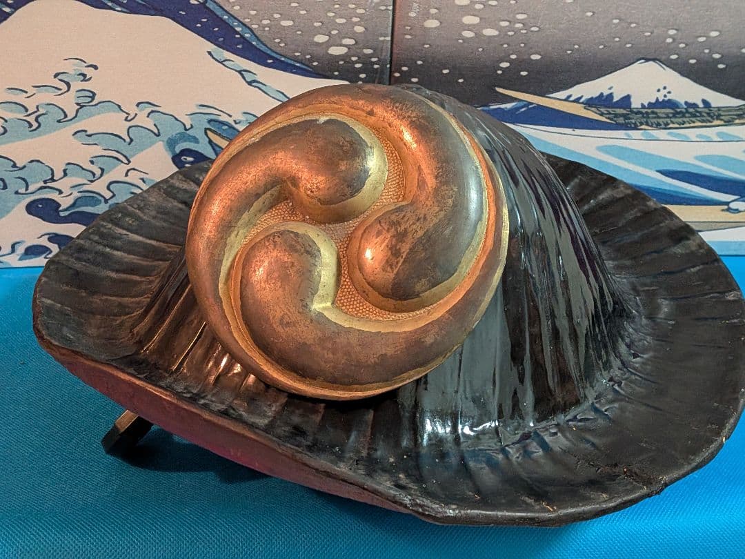 江戸時代中期〜後期頃黒漆塗り武家旧家蔵出し肥後熊本藩領陣笠前立て改良型当時物