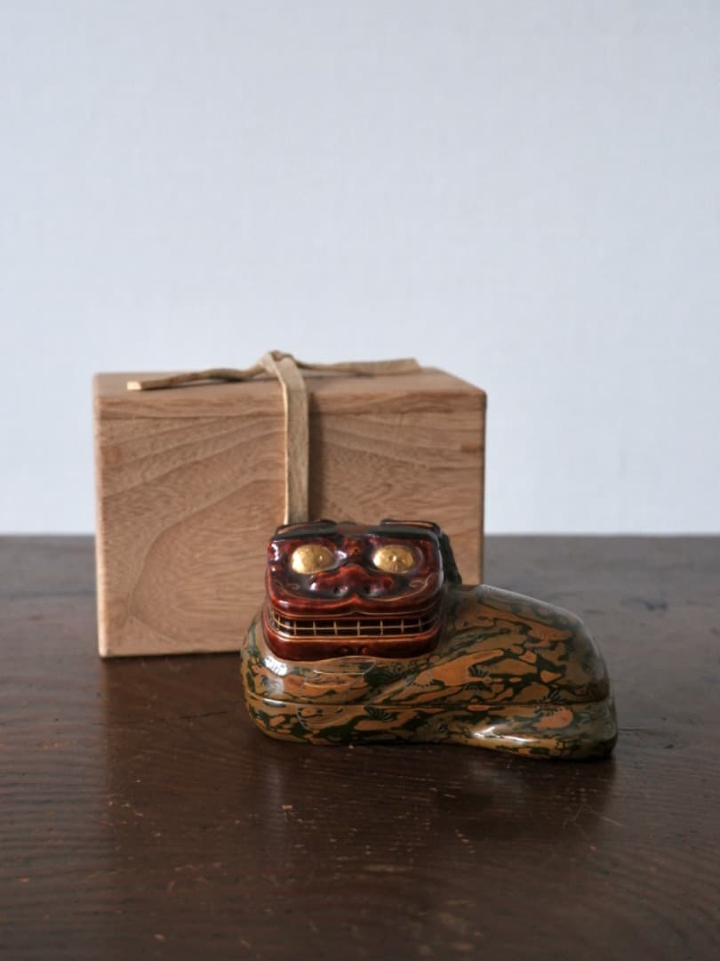 獅子香合　平安塗師　漆工芸　茶道具　香道具　珍しい　箱付　古道具　Q1290