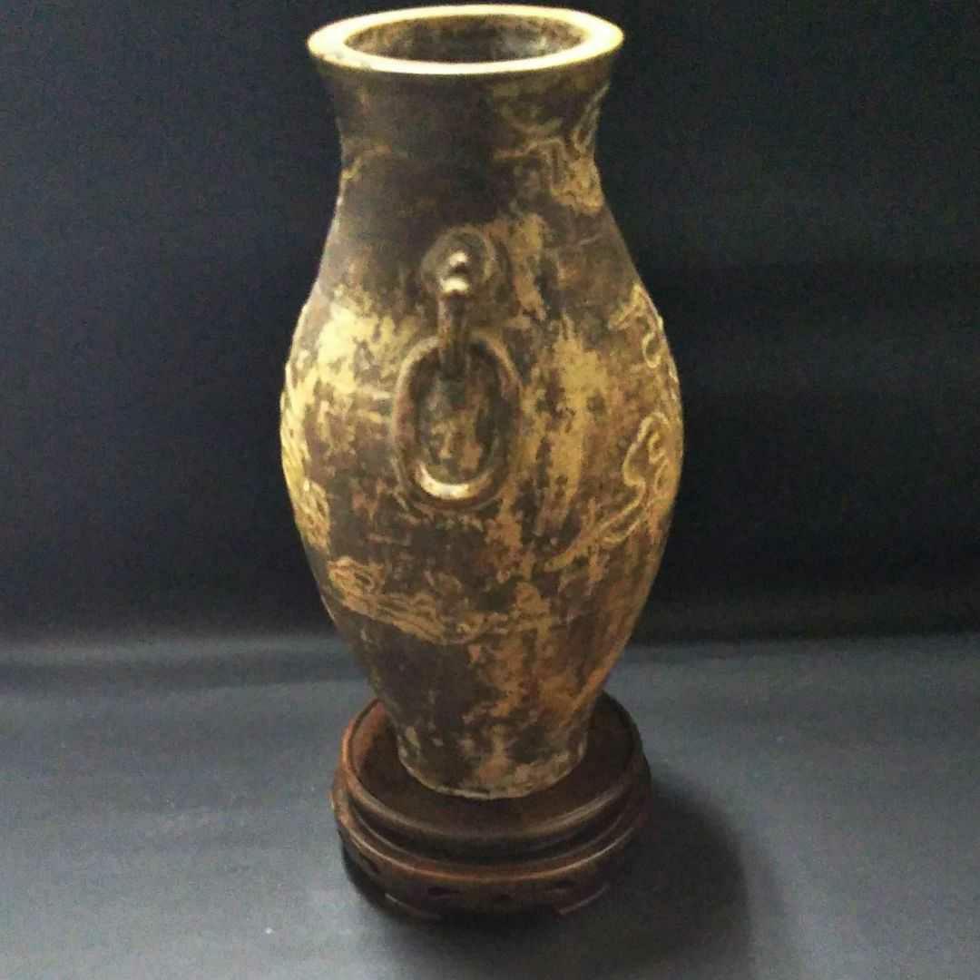 ※中国古美術/黃泥松鶴紋隻龍耳瓶/