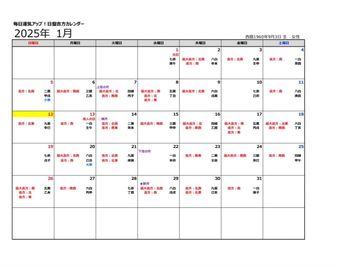 2025年【九星気学】吉方位カレンダー★開運旅行・引越し・運気UPに！計13枚