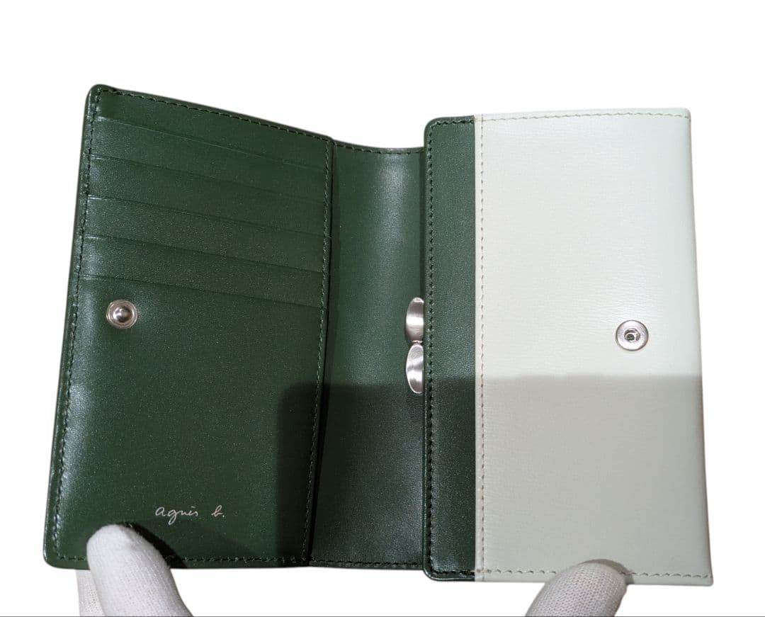 【未使用】アニエスベー　二つ折り　財布　がま口　グリーン　グレー　バイカラー