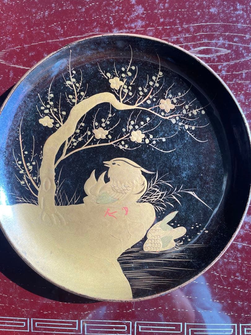 美品　希少　骨董品　漆器 皿 金箔 鳥 梅の木　百年前　10枚入　2箱　銘々皿