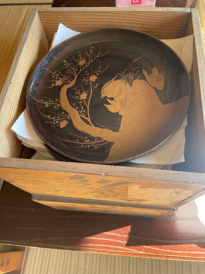 美品　希少　骨董品　漆器 皿 金箔 鳥 梅の木　百年前　10枚入　2箱　銘々皿