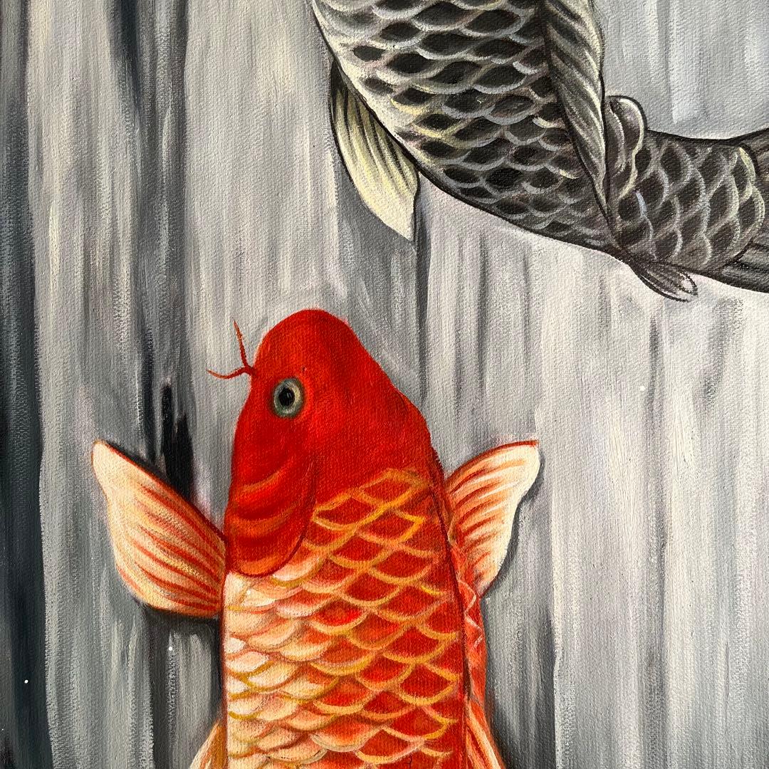 ★大型絵画★手書き油絵 鯉の滝登り 額付 絵画 インテリア 開運 金運 風水