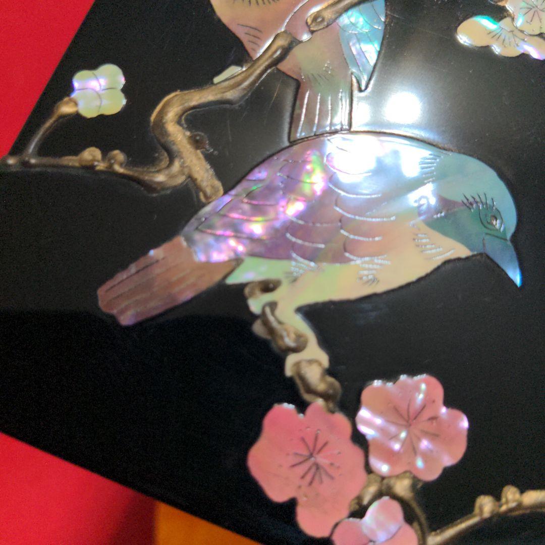 高岡漆器　武蔵川秀山作　青貝塗錆絵花鳥図　宝石箱　小物入　梅に樫鳥