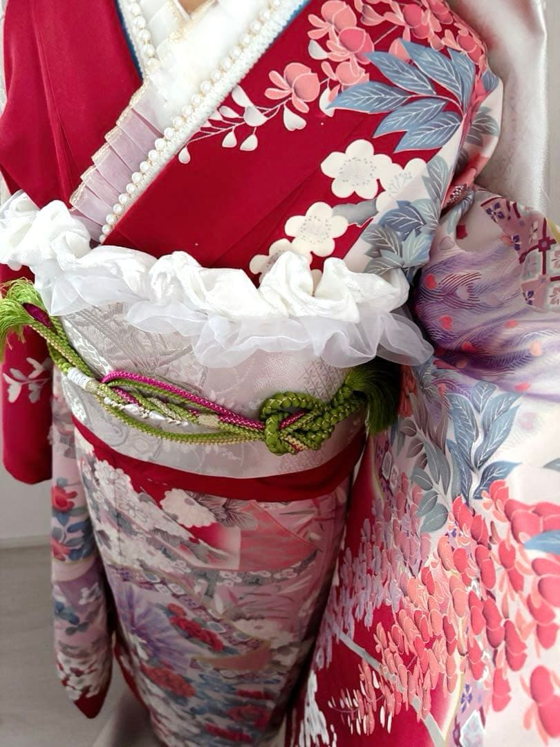 美品正絹振袖フルセット　姫　フリル　西陣織袋帯付き豪華赤い花柄　成人式