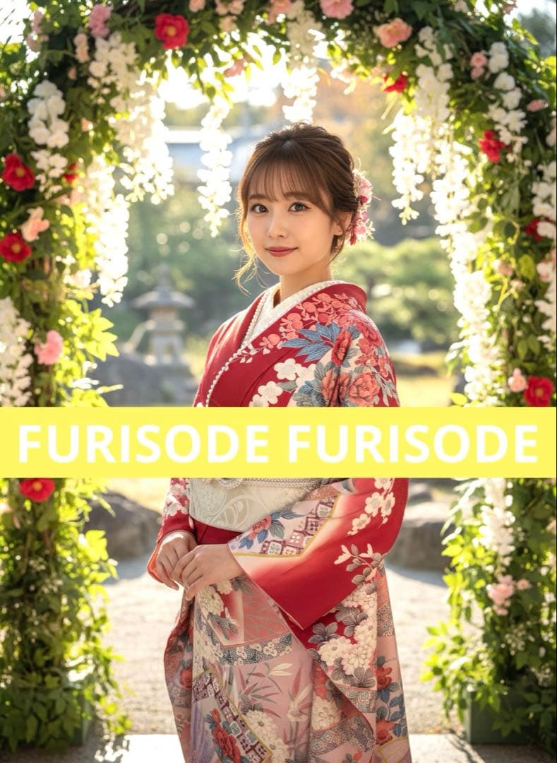 美品正絹振袖フルセット　姫　フリル　西陣織袋帯付き豪華赤い花柄　成人式