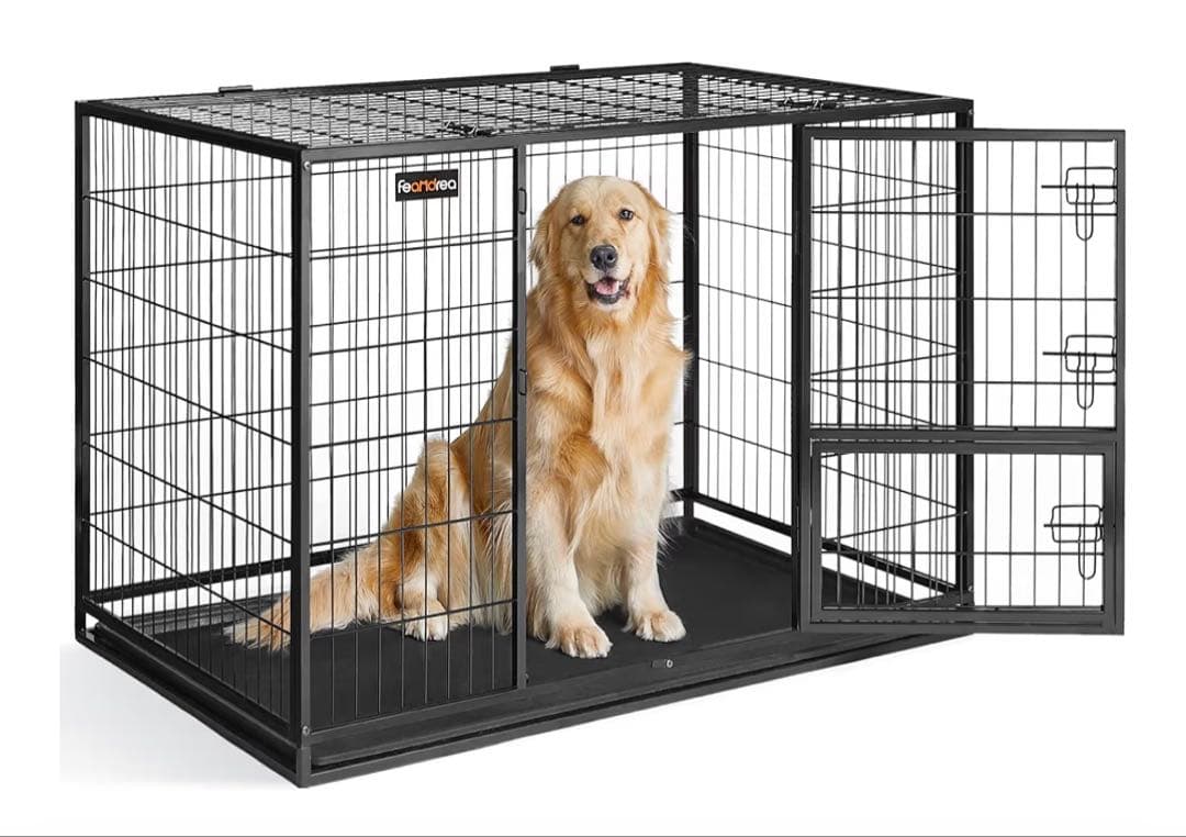 FEANDREA 犬 ケージ 大型犬用 ダブルドア付き トレー付き ペットケージ
