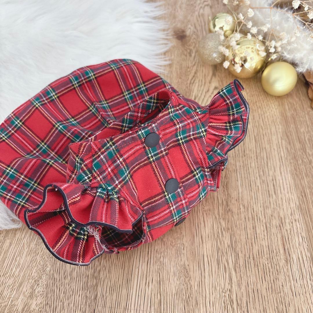 ハンドメイド　フランネルチェックフリル付きノーカラーワンピース　クリスマスにも♡