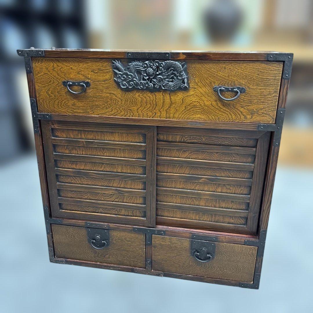 時代 帳場箪笥 両面仕様 車箪笥 鍵付き 民芸家具 和モダン 古家具