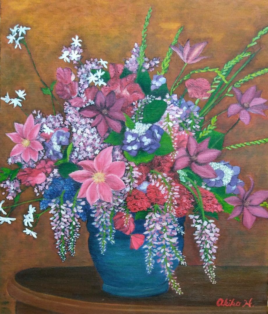 油絵 「青い花瓶の花」 油彩画 花 絵画 F8