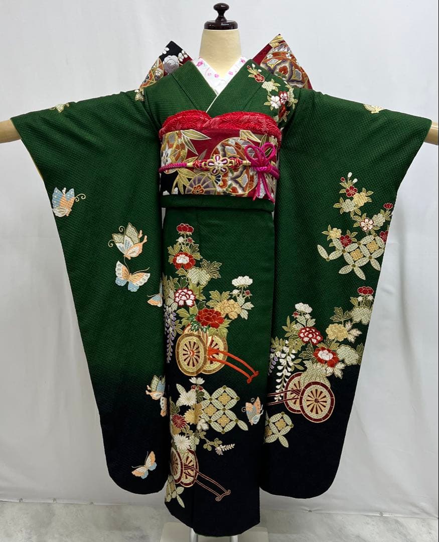 豪華　総絞り　振り袖　フルセット　別誂長襦袢付　金彩　刺繍　成人式　　緑　532