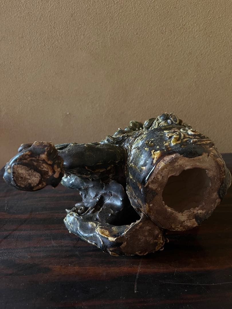 龍山窯【前川電光】作 織部釉 玉獅子置物 唐獅子 縁起物魔除除災 守護神　箱有