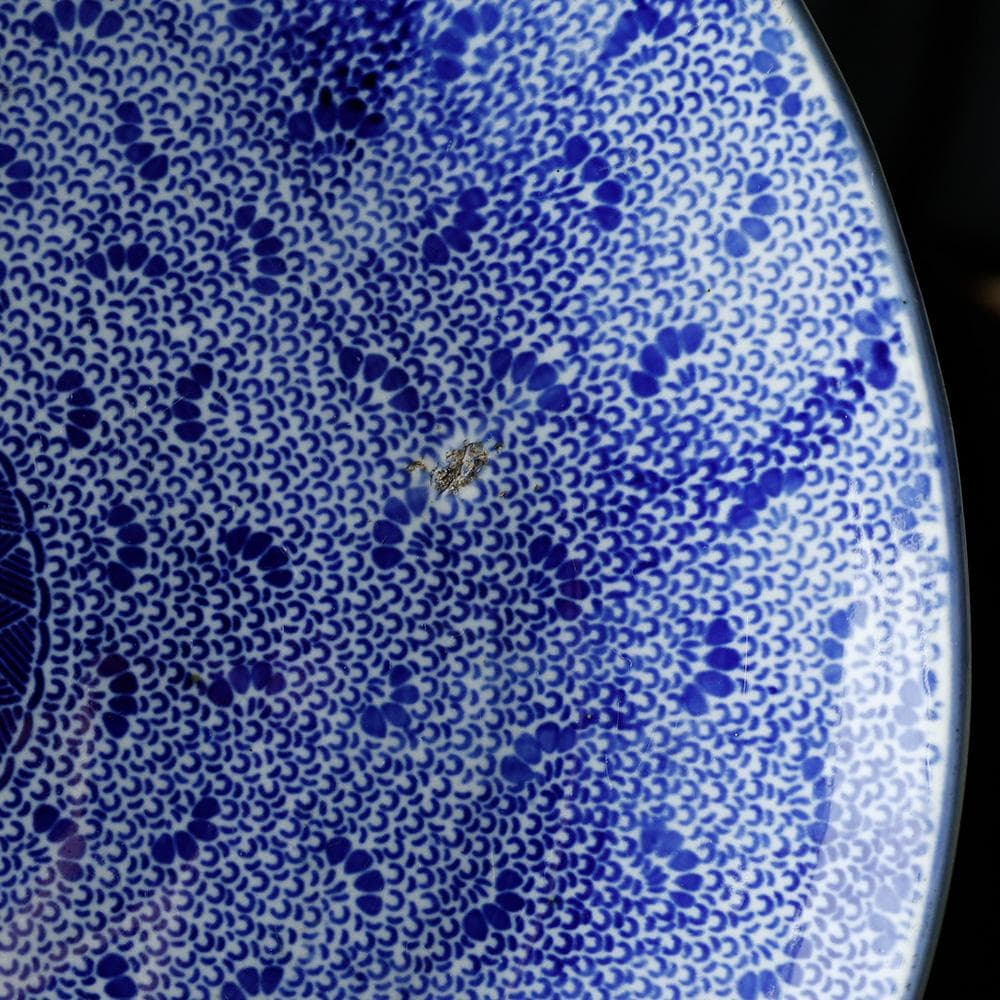 江戸幕末明治時代 古伊万里 有田 染付 尺寸大皿 微塵唐草 ベロ藍約35㎝ 飾皿