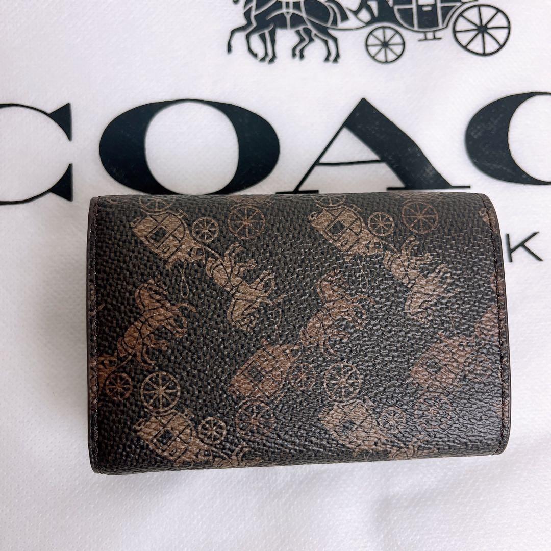 新品未使用 COACHコーチ 三つ折り財布 コンパクト ブラウン 馬車.