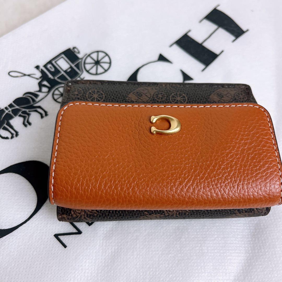 新品未使用 COACHコーチ 三つ折り財布 コンパクト ブラウン 馬車.