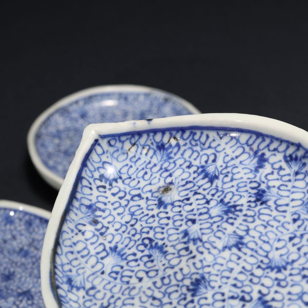 伊万里染付微塵唐草　しずく形豆皿５枚　骨董　古伊万里　R1663