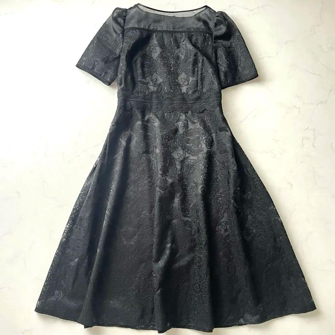美品 セルフォード 総レース ロング ワンピース フレア シアー 黒 M 38