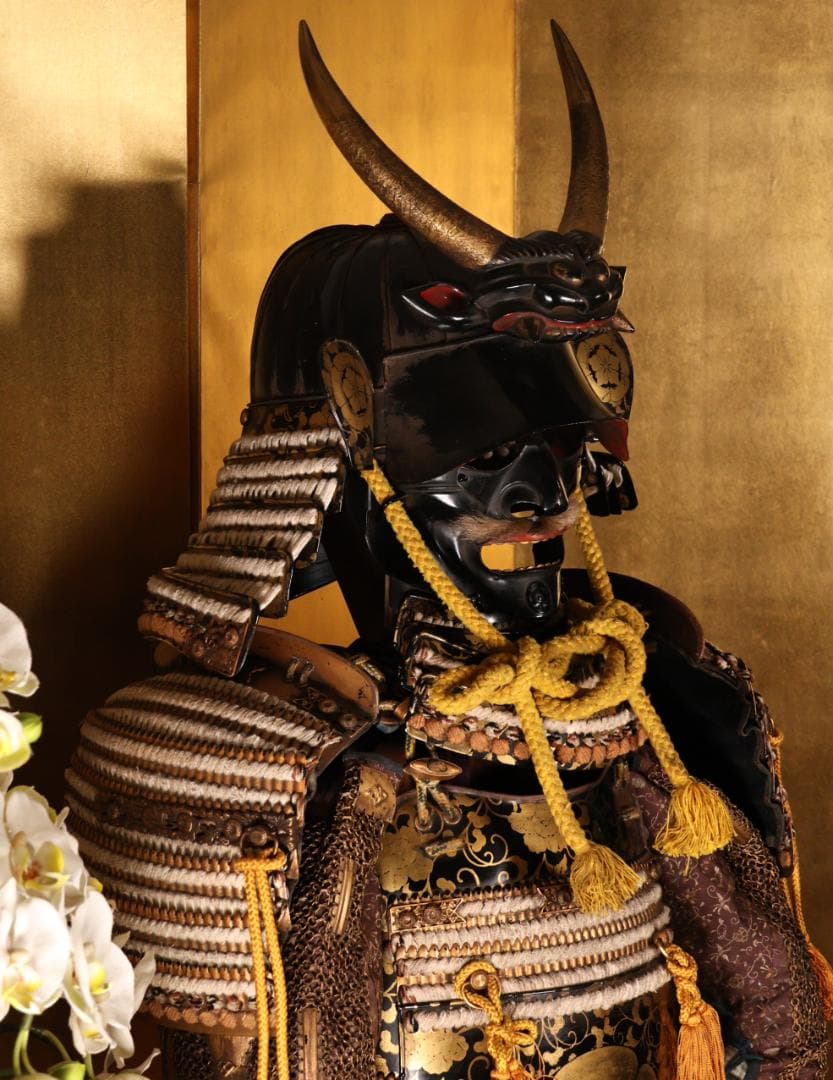 BY05　甲冑　具足　五瓜に唐花家紋唐草胴　獅子噛み前立　鎧櫃付き　兜　武具