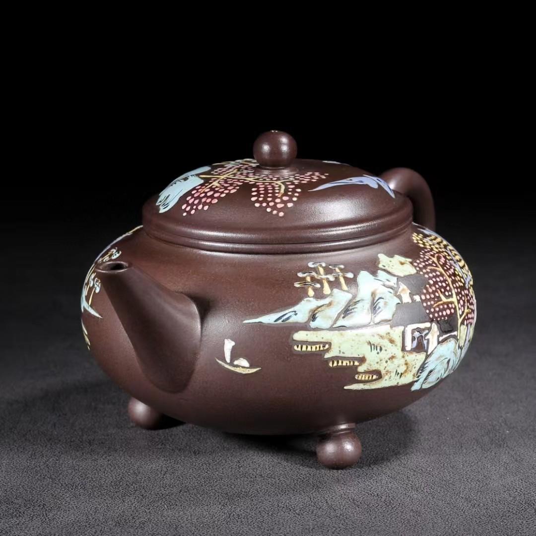 中国古美術・三足水平紫砂壺・ 底款：貢局・宜興原鉱・紫泥急須・茶壺・茶道具・置物