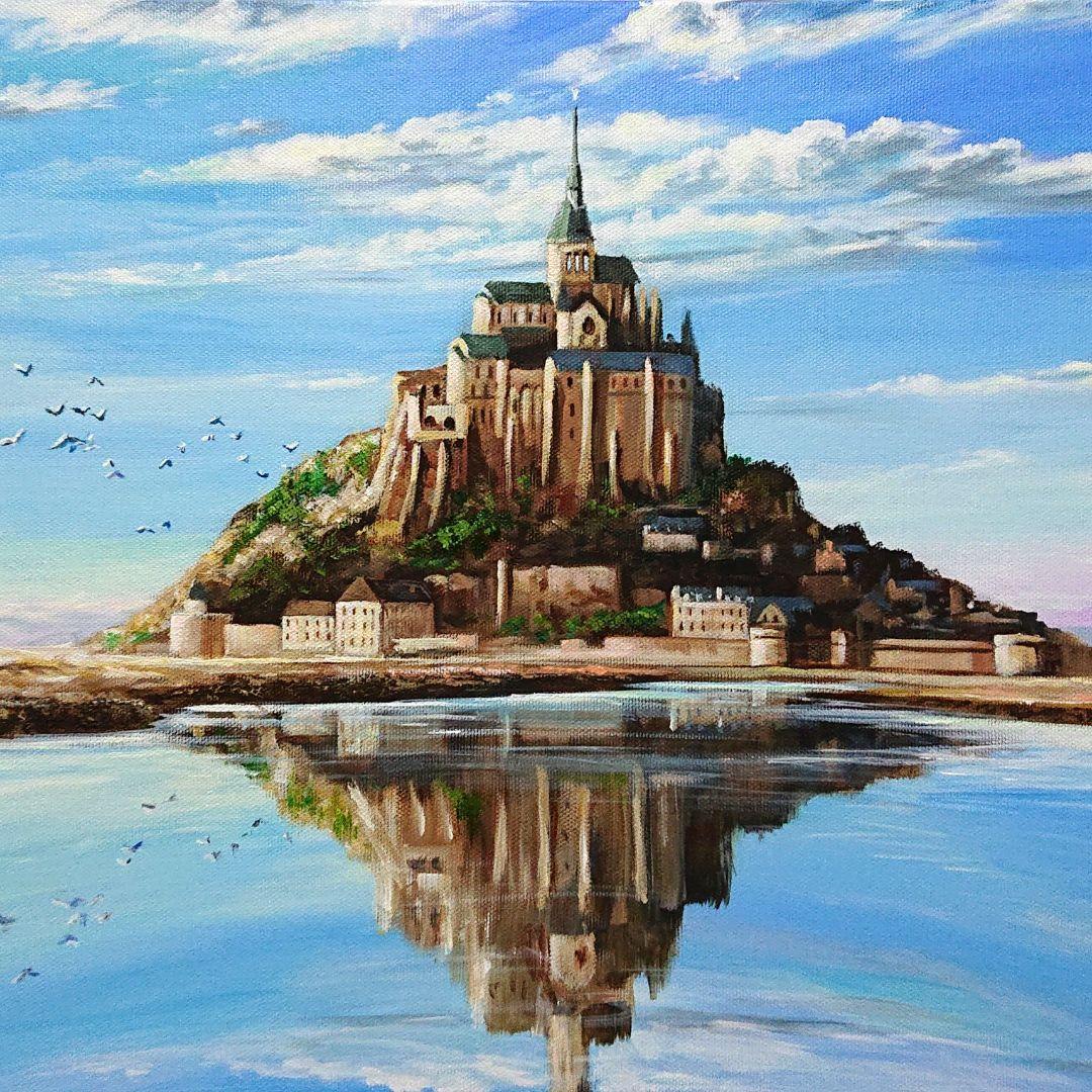 【モンサンミッシェル】アクリル画 F6 風景画 絵画
