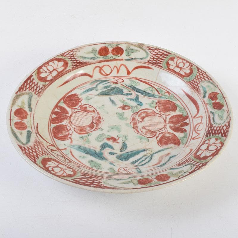 中国　17世紀　インドネシア出土　明代　呉須赤手　皿　時代箱付　M　R9312