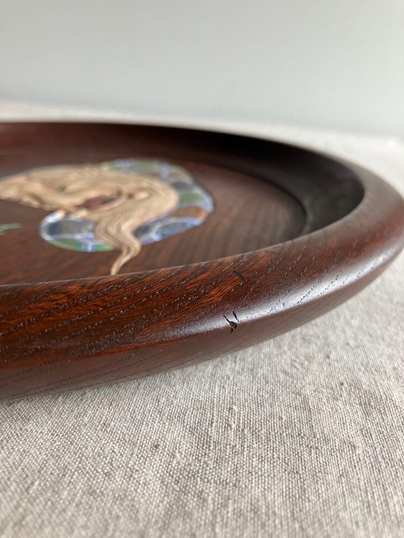 市川銕琅　欅飾盆　翁面白色尉　蜀江文狩衣　千秋萬歳　鉄筆木彫彩色　お茶道具