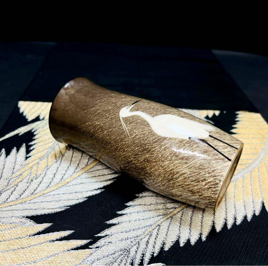 現川焼臥牛窯　無形文化財指定　十三代横石臥牛　刷毛白鷺図　花瓶　花入/飾皿2点