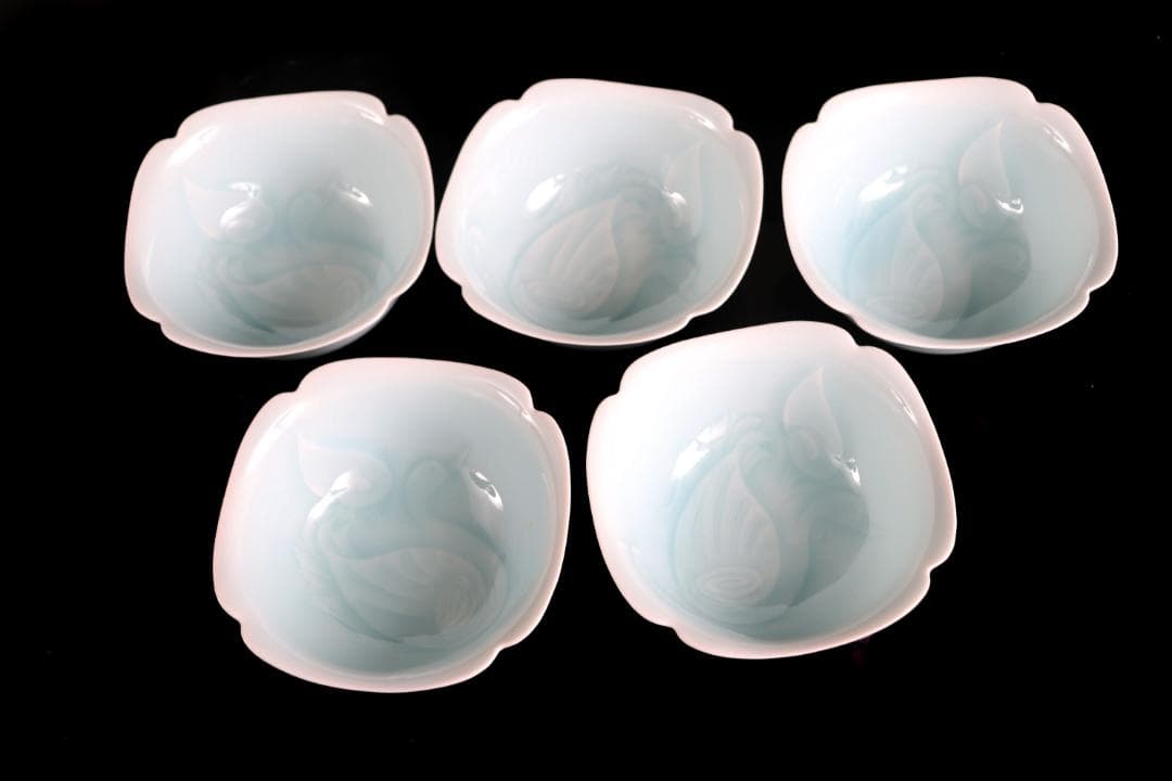 人間国宝 塚本快示 快山窯 青白磁水鳥文 小鉢 五客 共箱