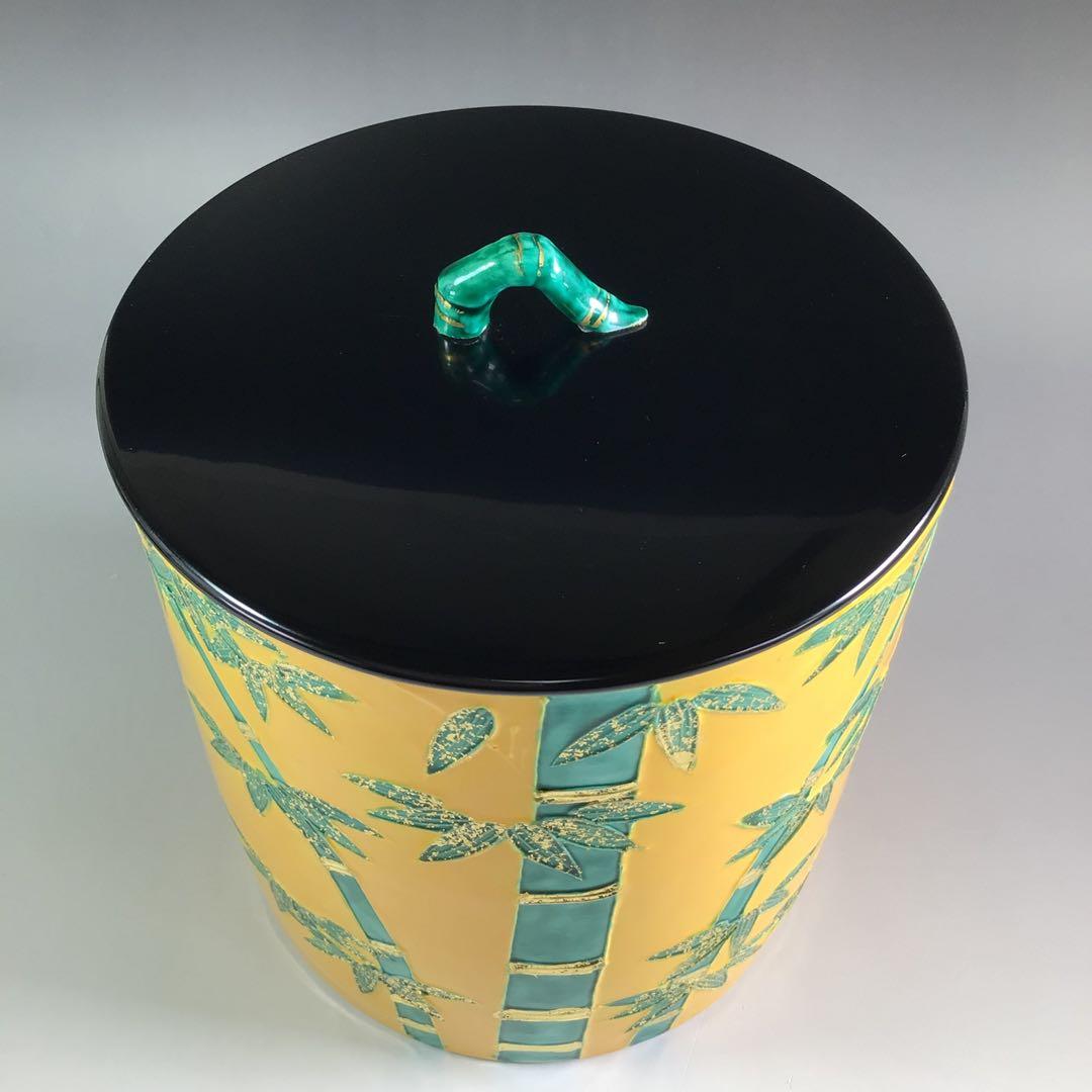 Ｐ９４８　水指　『平安　高野昭阿弥造』『黄交趾』『金彩竹之図』　共箱　茶道具