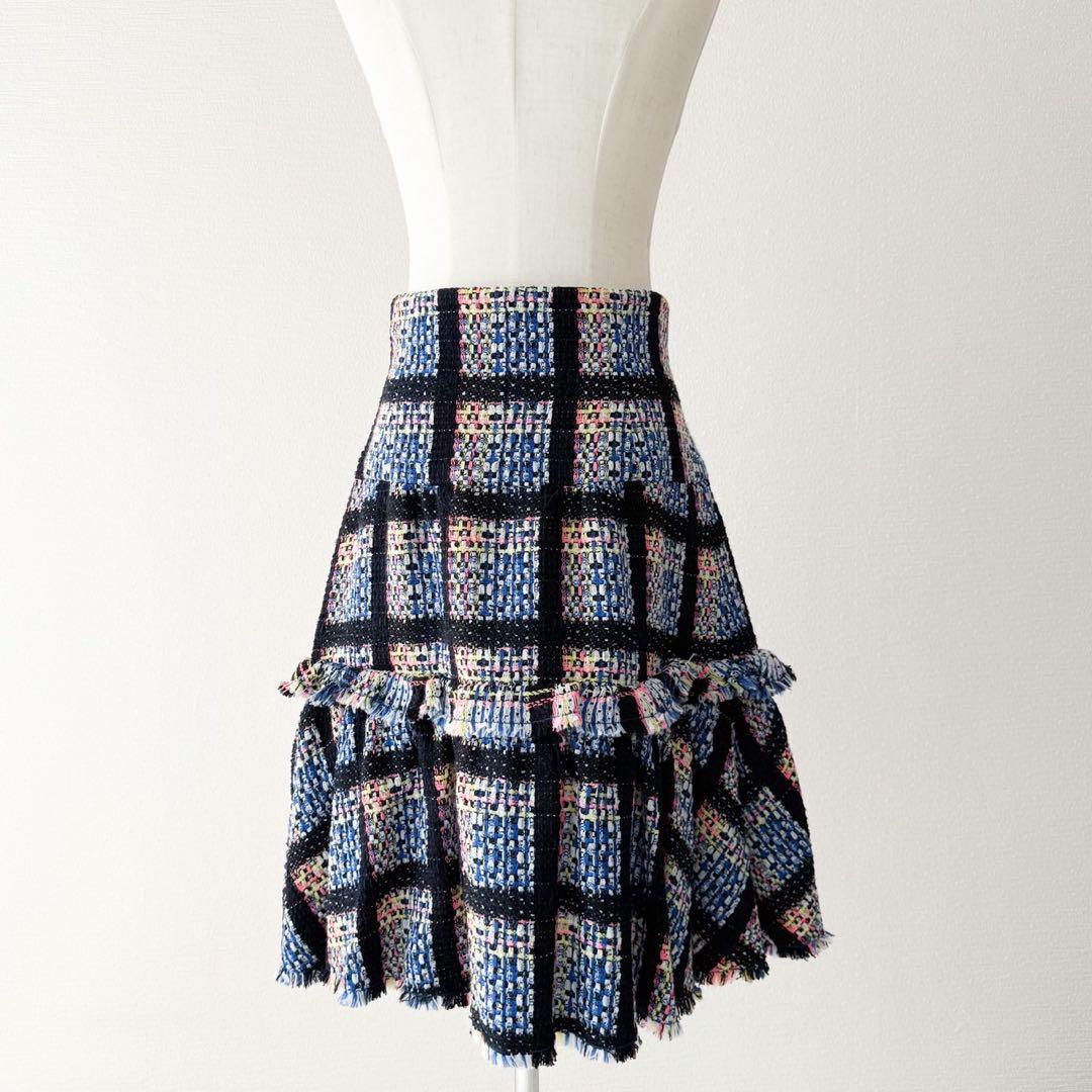 美品 CHANEL 09P ミックスツイードフレアスカート ロゴプレート 42