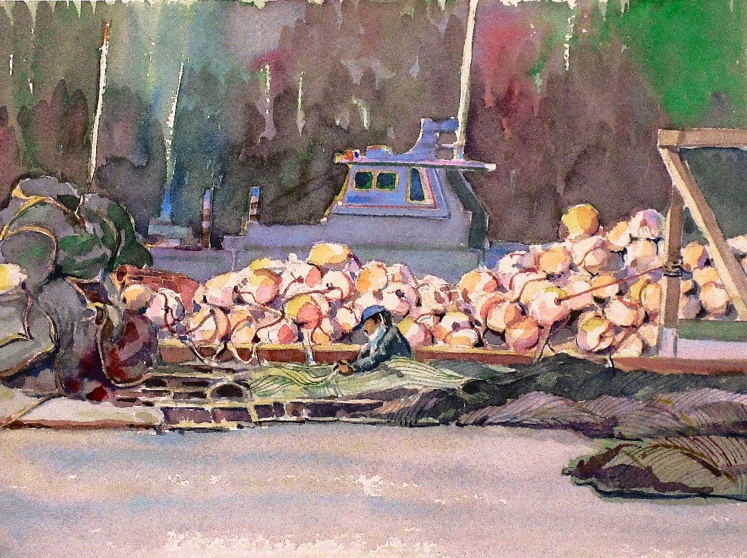 水彩画 網繕い( 額縁付き)