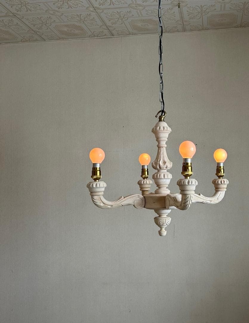 フランスアンティーク　木製シャンデリア　４灯　シャビー　店舗什器